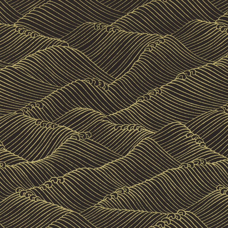 Black fabric with a a repeated wave pattern made of metallic gold accents.
