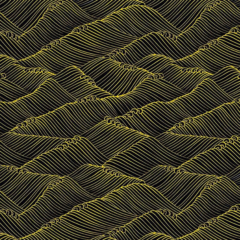 Black fabric with a a repeated wave pattern made of metallic gold accents