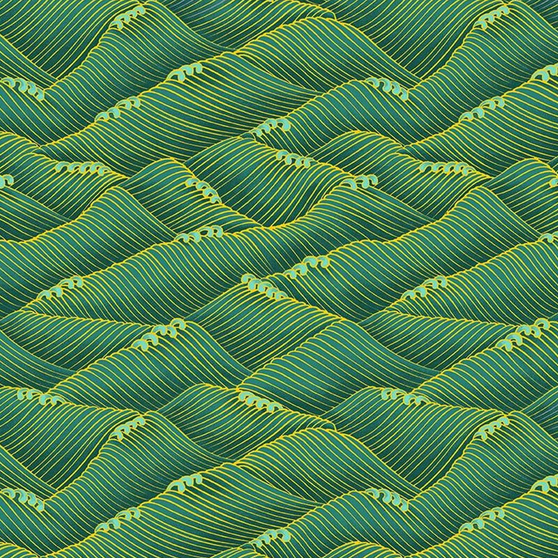 Green fabric with a wave texture made of gold metallic accents