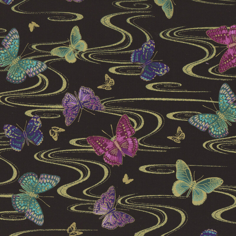 Black fabric with gold metallic waves and purple, green, and blue butterflies throughout.