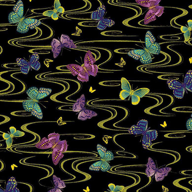 Black fabric with gold metallic waves and purple, green, and blue butterflies throughout