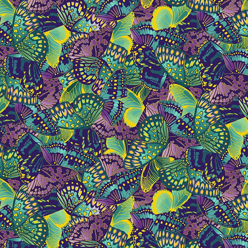 Colorful fabric with packed aqua, yellow, teal, and purple butterflies