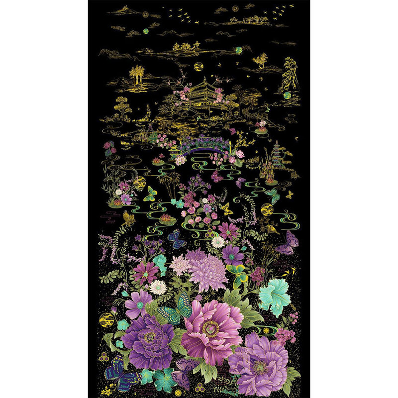 Black fabric panel with a large floral cluster at the bottom and less decor at the other end