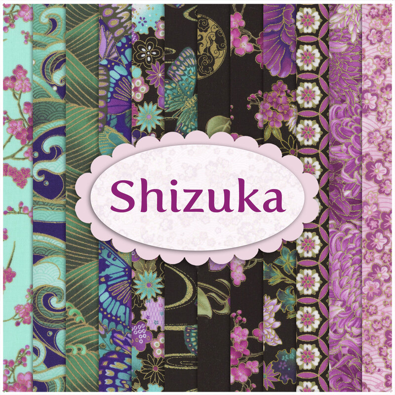 A collage of green, aqua, purple, and black fabrics in the Shizuka collection by Timeless Treasures.
