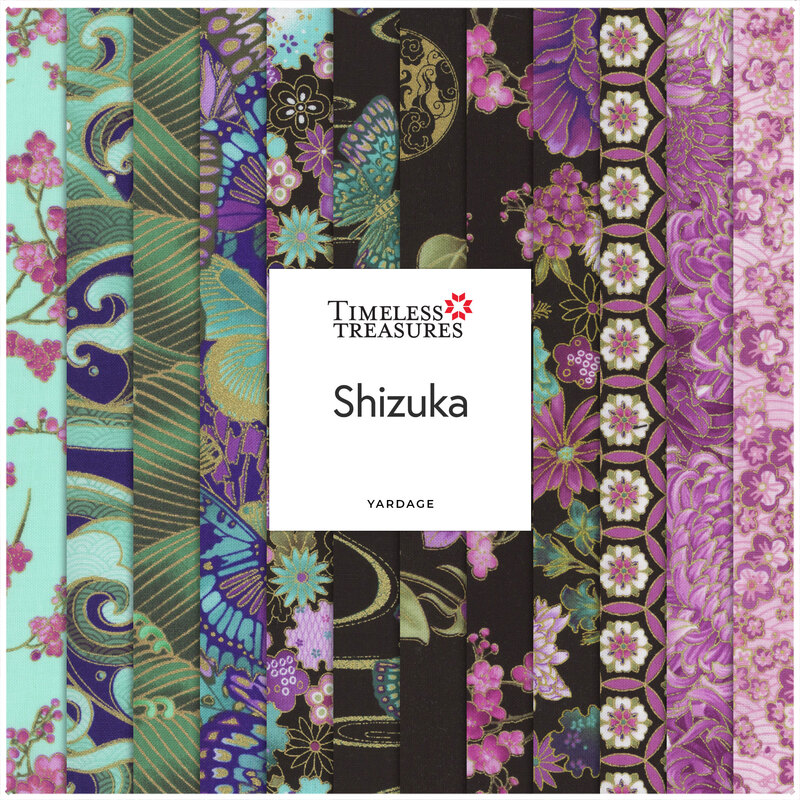 A collage of green, aqua, purple, and black fabrics in the Shizuka collection by Timeless Treasures.