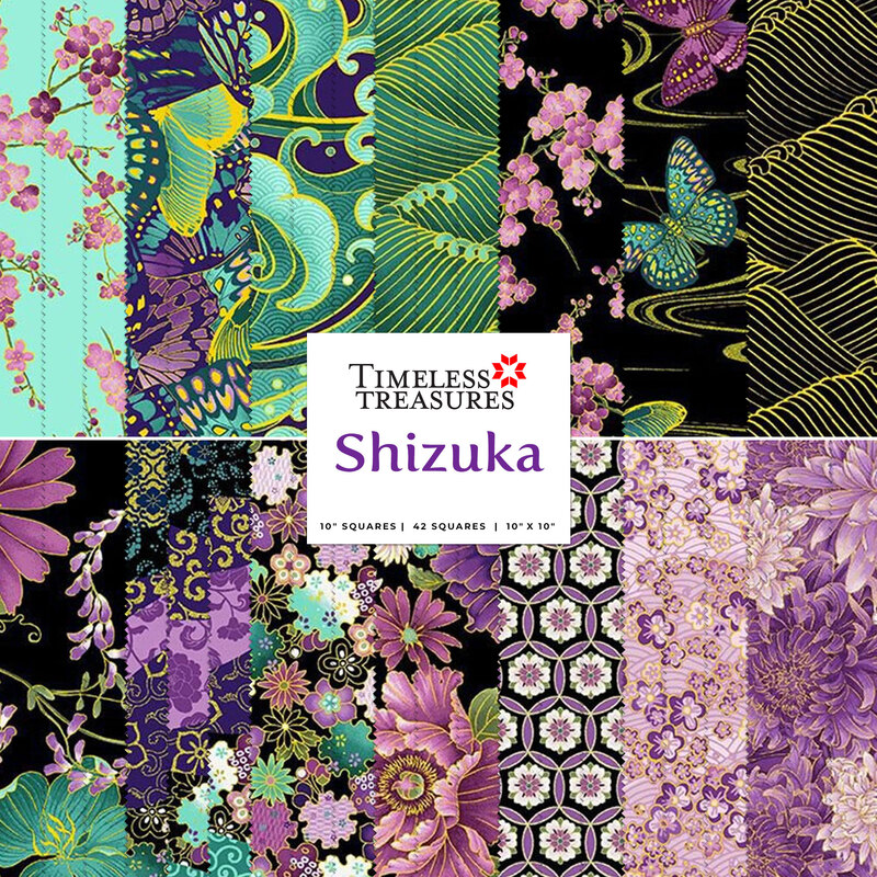A collage of red, black, purple, and aqua fabrics included in the Shizuka 10