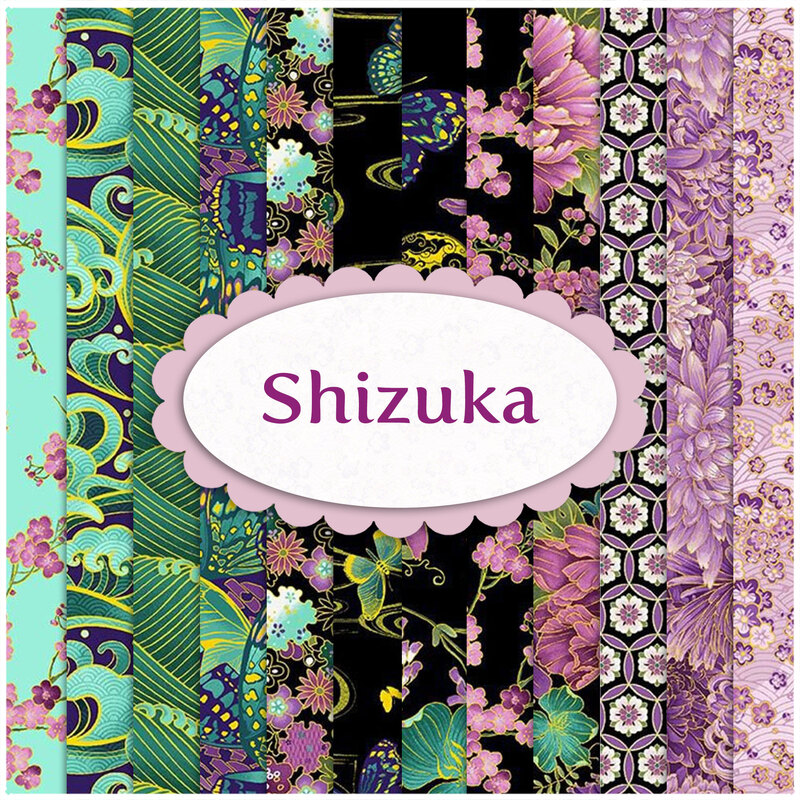 A collage of green, aqua, black, and purple metallic fabrics in the Shizuka collection by Timeless Treasures