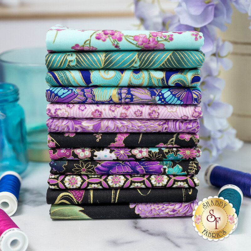 A collage of green, aqua, black, and purple metallic fabrics in the Shizuka collection.