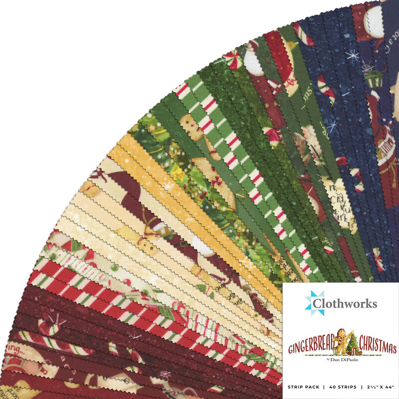 A collage of the fabrics included in the Strip Roll for Gingerbread Christmas.