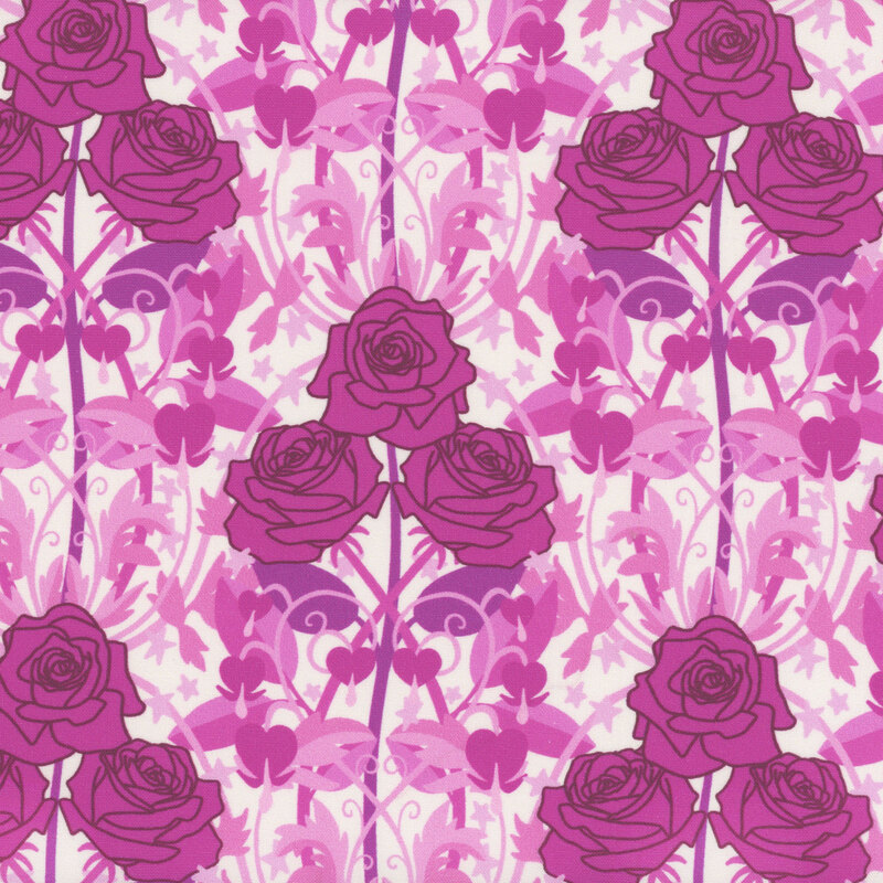 Fabric swatch featuring large purple rose clusters and pink vines against a white background