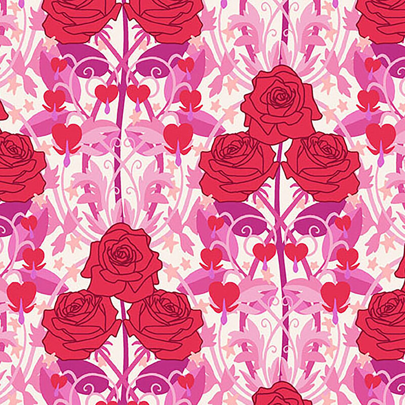 Fabric swatch featuring large red rose clusters and pink vines against a white background