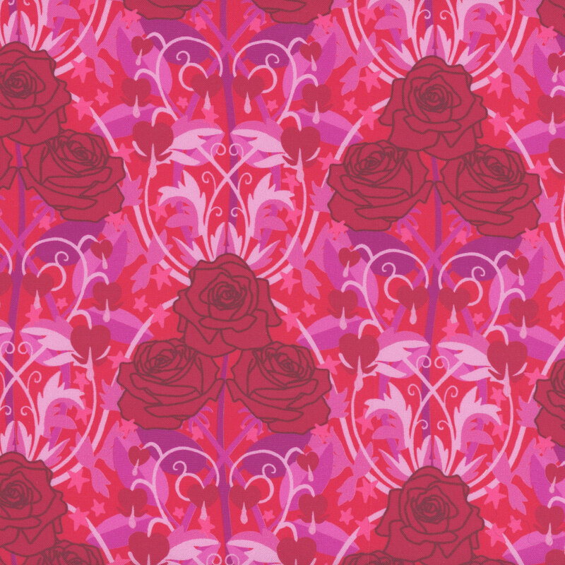 Fabric swatch featuring large dark red rose clusters and pink vines against a red background