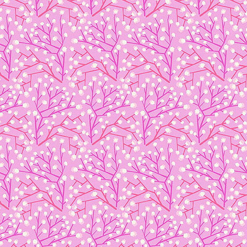 Fabric swatch featuring small white florals and branching pink and purple lines against a pink background