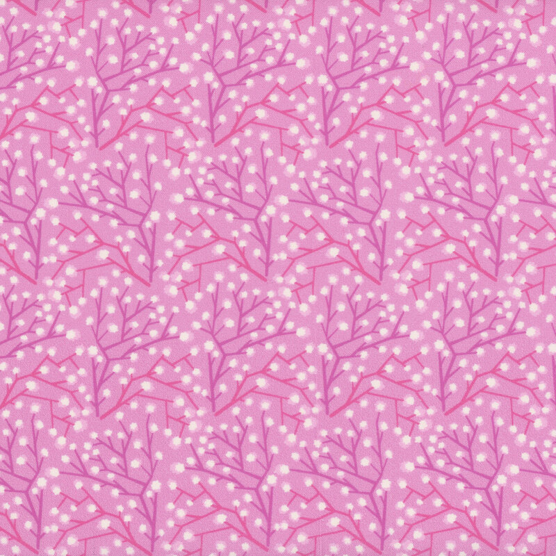 Fabric swatch featuring small white florals and branching pink and purple lines against a pink background