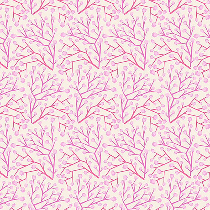 White fabric swatch showing small pink florals with branching pink and purple lines throughout