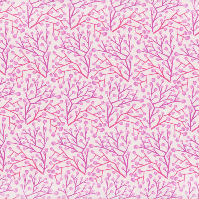 White fabric swatch showing small pink florals with branching pink and purple lines throughout