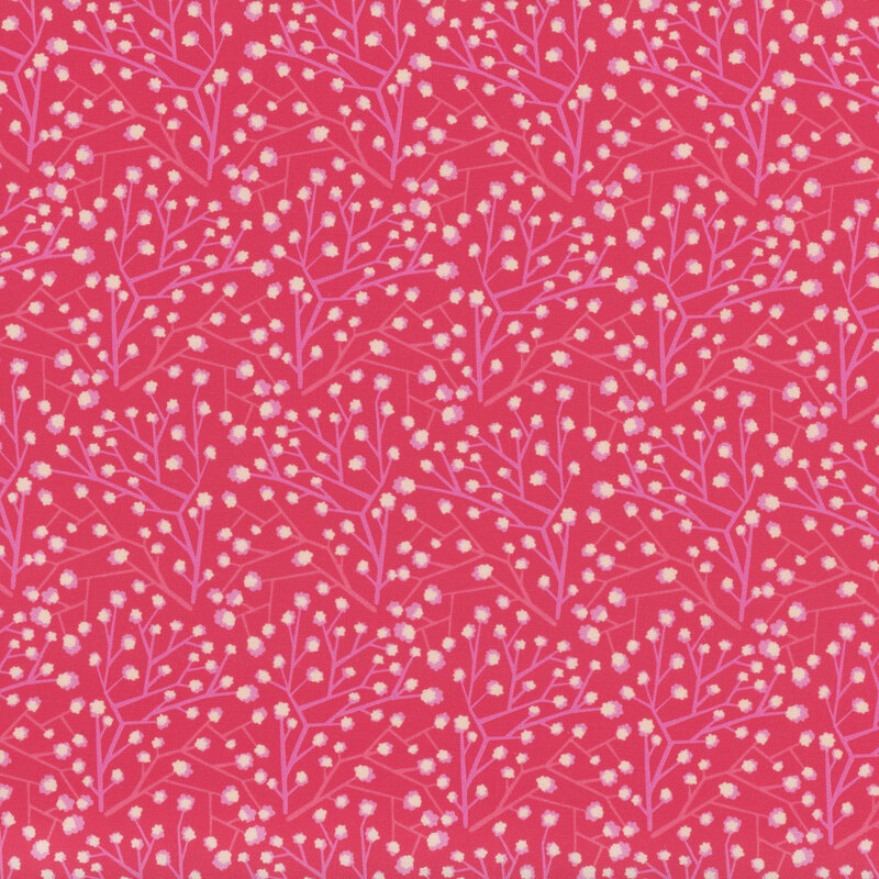 Red fabric with small white dots and branching red and pink lines throughout