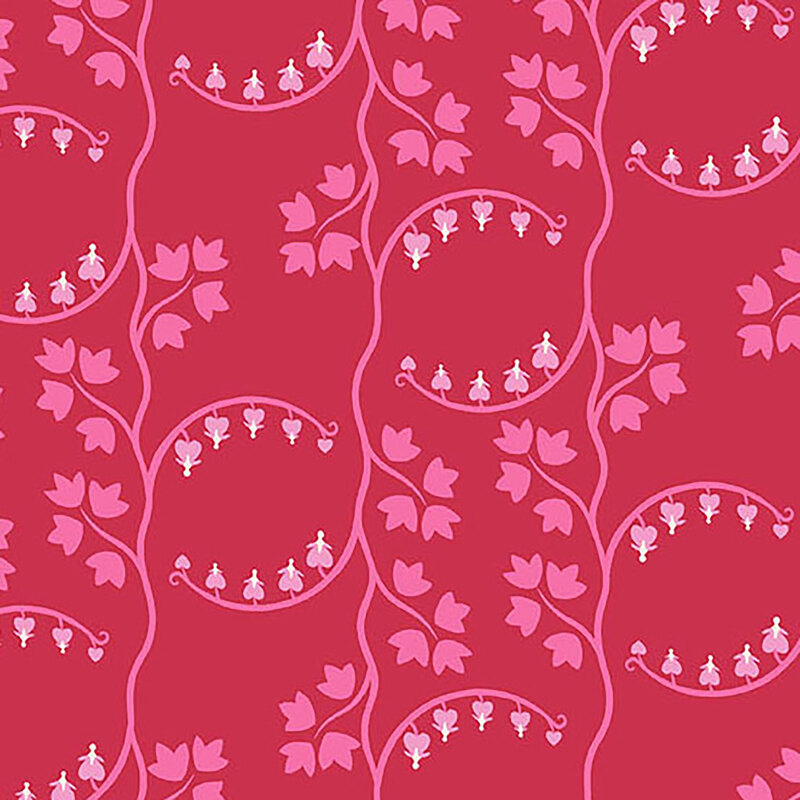Red fabric with small pink vines throughout