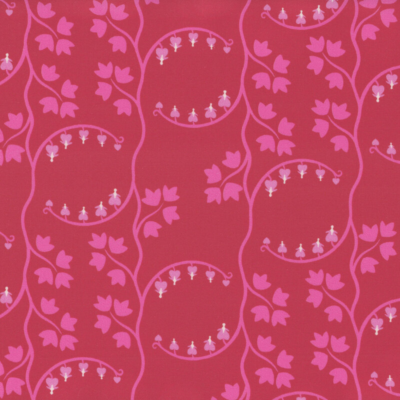 Red fabric with small pink vines throughout