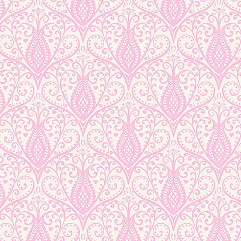 White fabric with damask like repeating swirled floral designs in pink