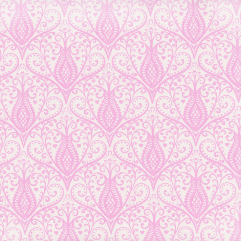 White fabric with damask like repeating swirled floral designs in pink