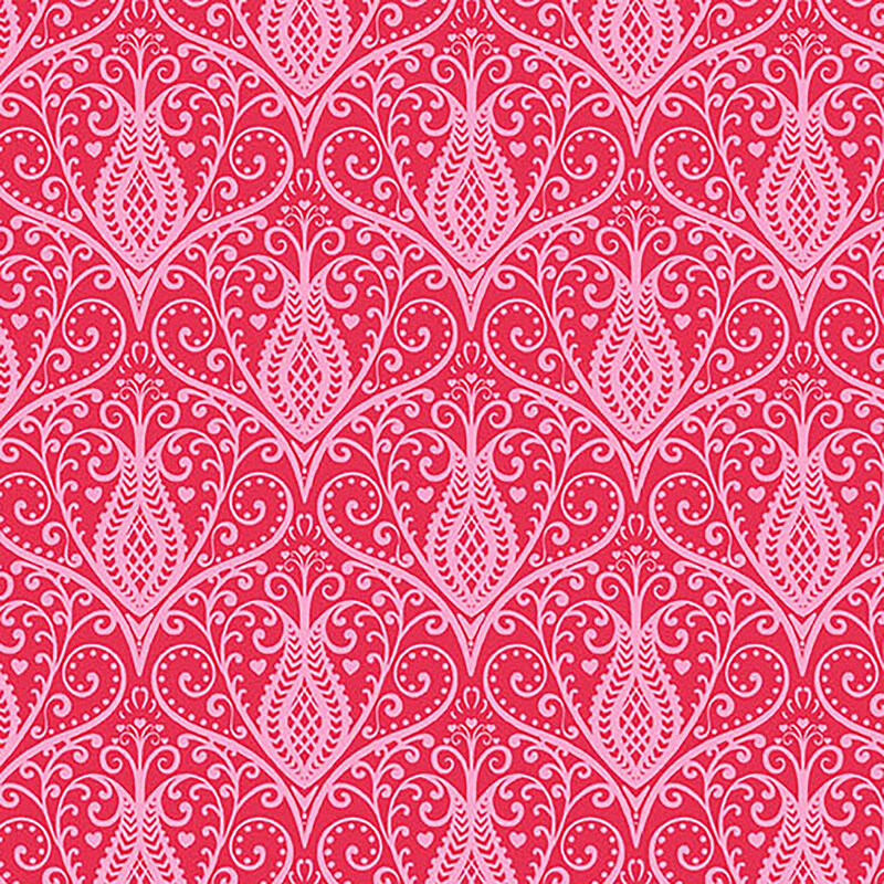 Red fabric with damask like repeating pink swirled floral designs