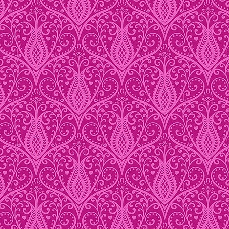 Tonal purple fabric with damask like repeating pink floral designs throughout