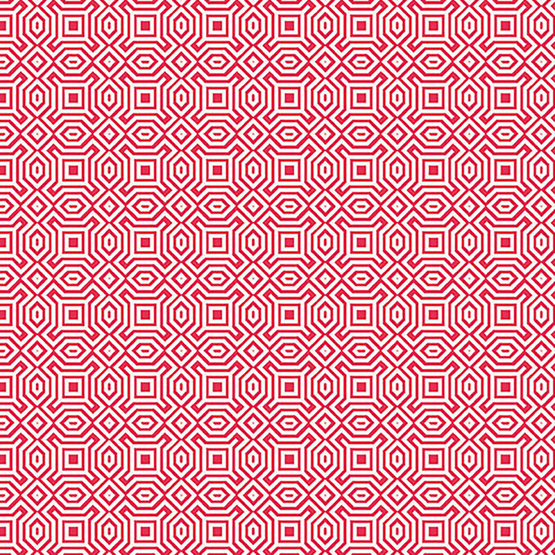 White fabric with a dark red maze like pattern throughout