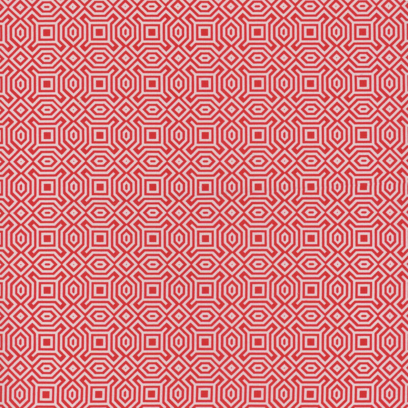 White fabric with a dark red maze like pattern throughout