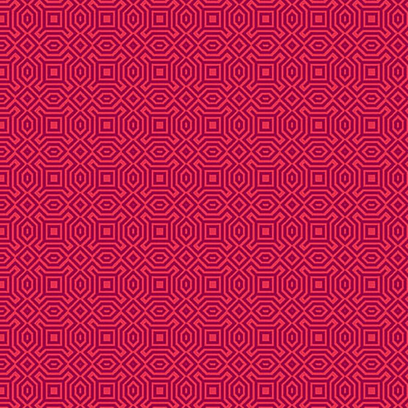 Tonal red fabric with a dark red maze like pattern throughout