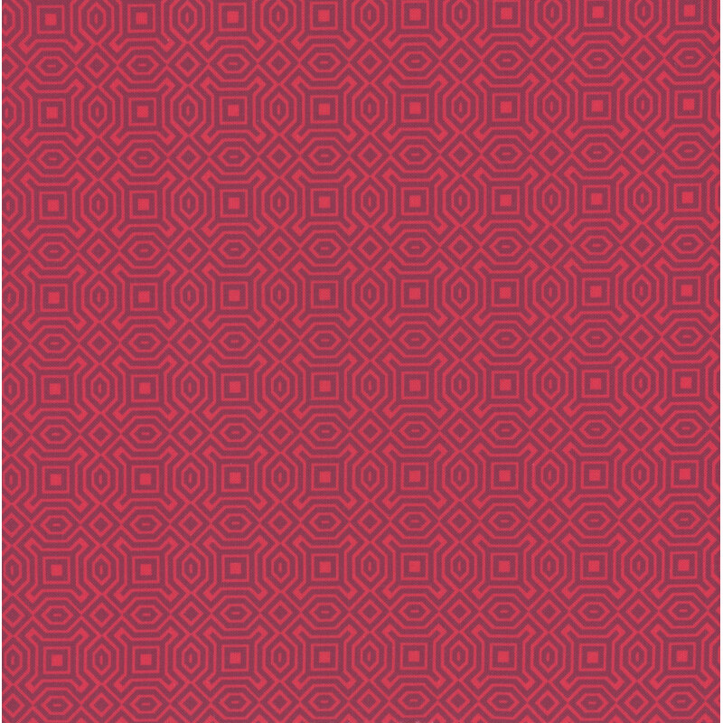 Tonal red fabric with a dark red maze like pattern throughout
