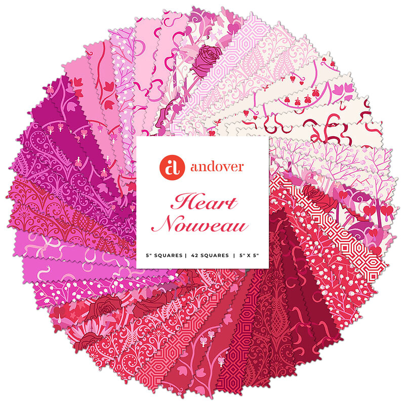 Collage of pink, red and white fabrics in the Heart Nouveau 5