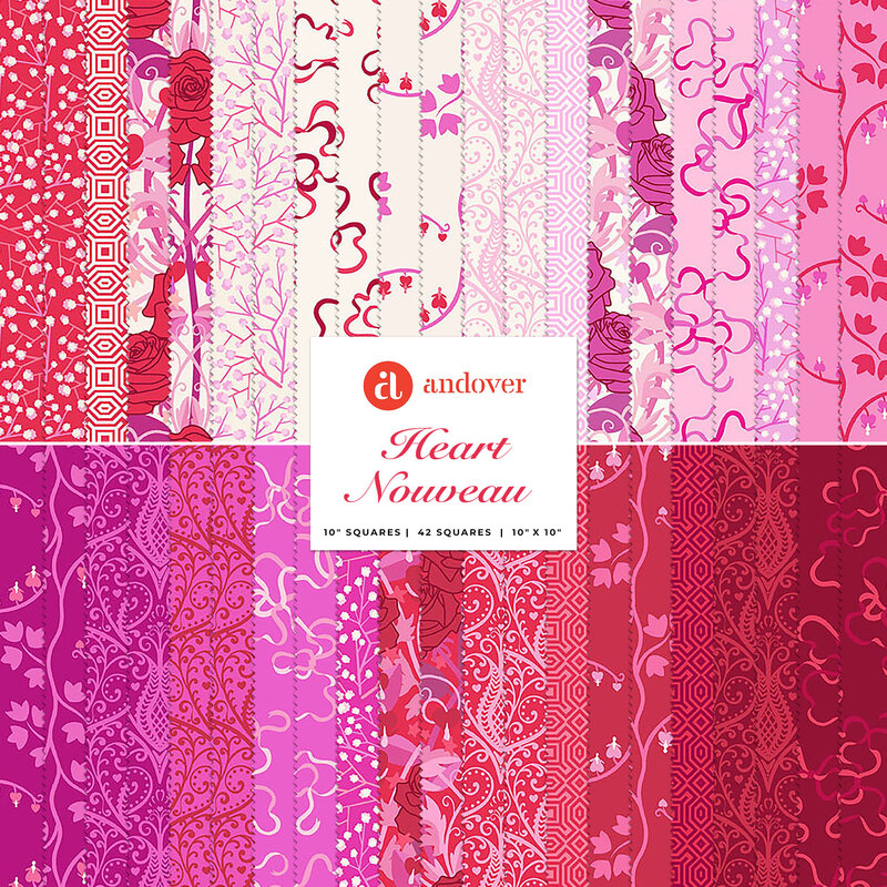 Collage of pink, red and white fabrics in the Heart Nouveau 10