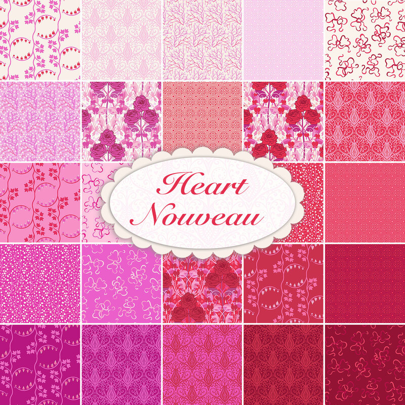 Collage of pink, red and white fabrics in the Heart Nouveau FQ set