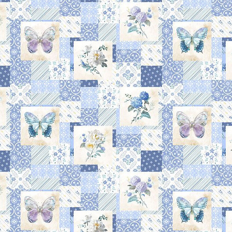 A fabric swatch featuring overlapped squares all over each with a different floral or butterfly design