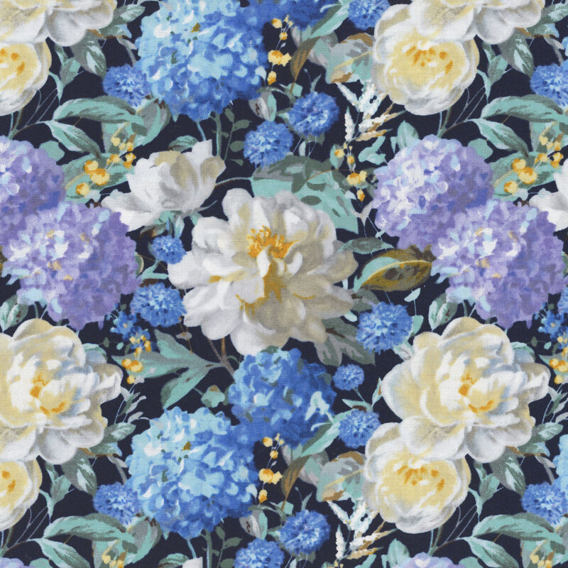 Navy blue fabric with large photorealistic white, blue, and purple florals throughout.