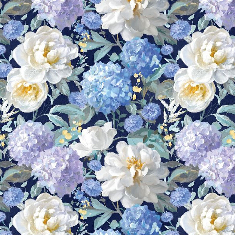 Navy blue fabric with large photorealistic white, blue, and purple florals throughout
