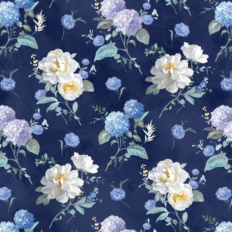 Dark navy blue mottled fabric with large photorealistic floral clusters throughout