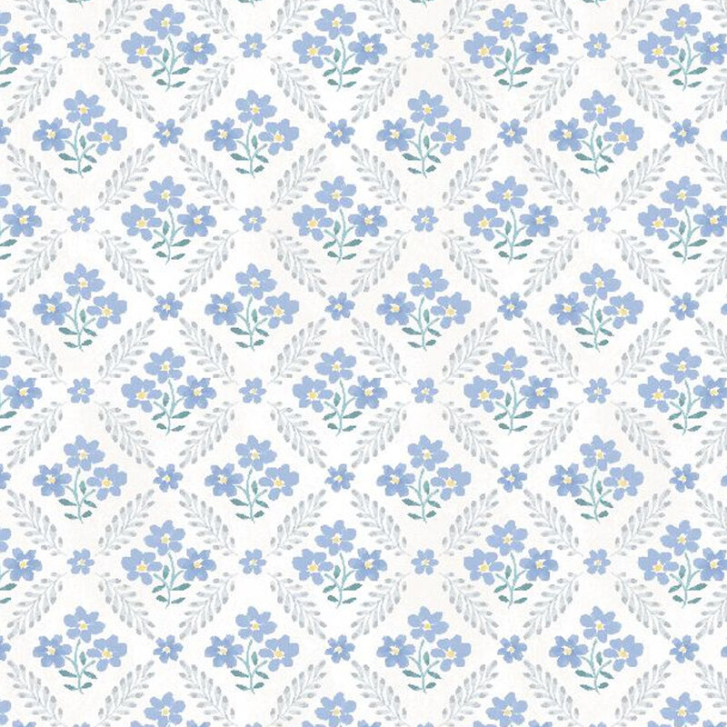 White fabric with a repeated leaf chain-link pattern with little blue floral clusters in between each section
