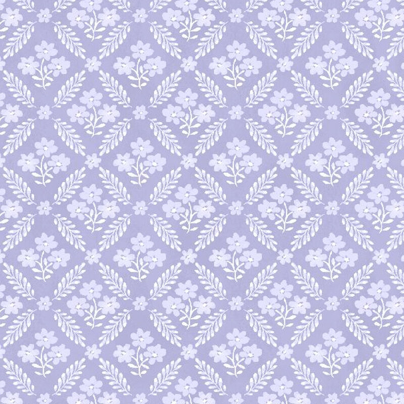Purple fabric with a chain-link pattern made of leaves with small floral clusters in between each section