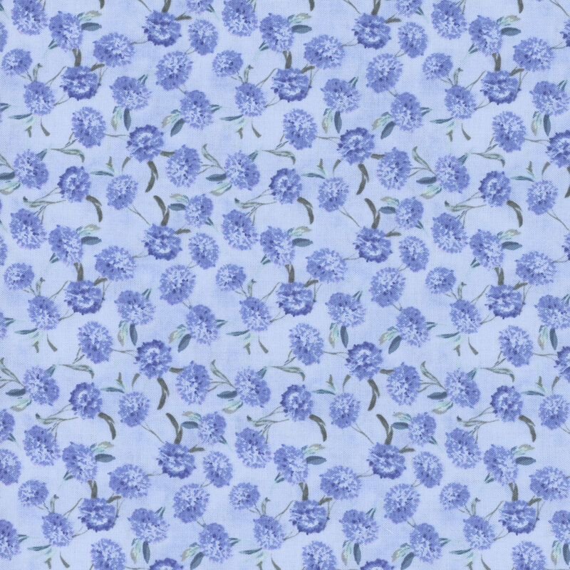 Light periwinkle blue mottled fabric with blue, ditsy florals throughout.