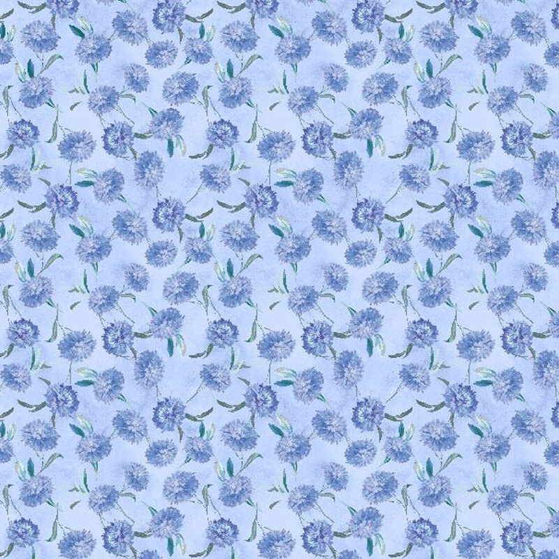 Light periwinkle blue mottled fabric with blue, ditsy florals throughout