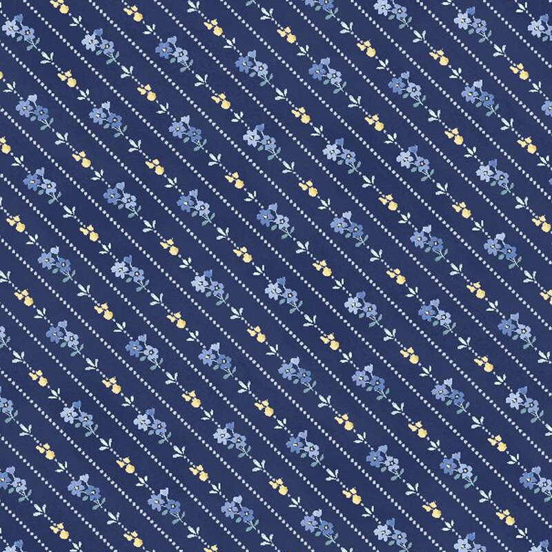 Navy blue fabric with diagonal pin dot and floral stripes