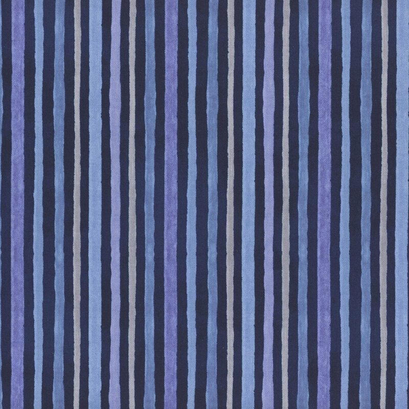 Navy blue fabric with light purple, pink, periwinkle blue, and gray stripes.