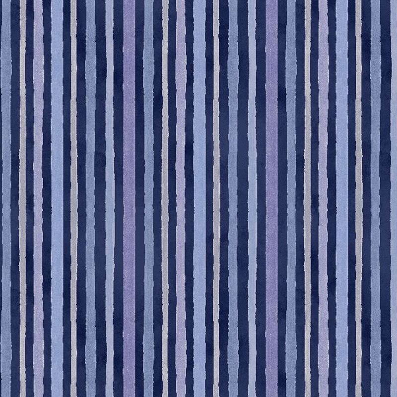 Navy blue fabric with light purple, pink, periwinkle blue, and gray stripes
