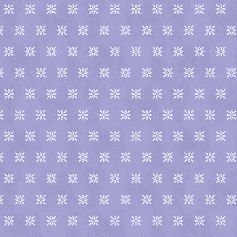 Light purple fabric with a repeating, white, ornamental floral design spaced evenly apart