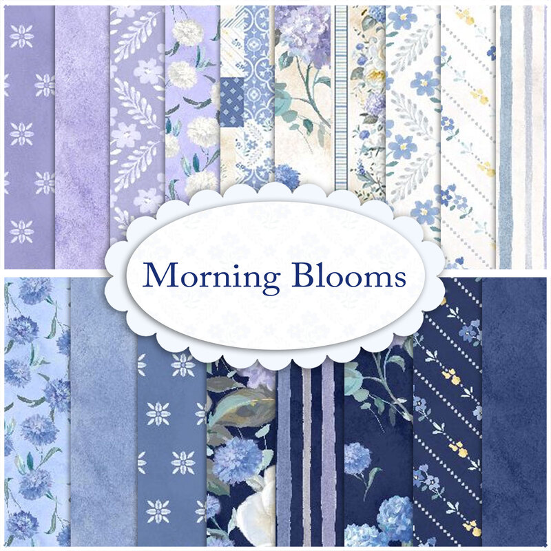 A collage of blue, purple, and white floral fabrics included in the Wilmington Prints