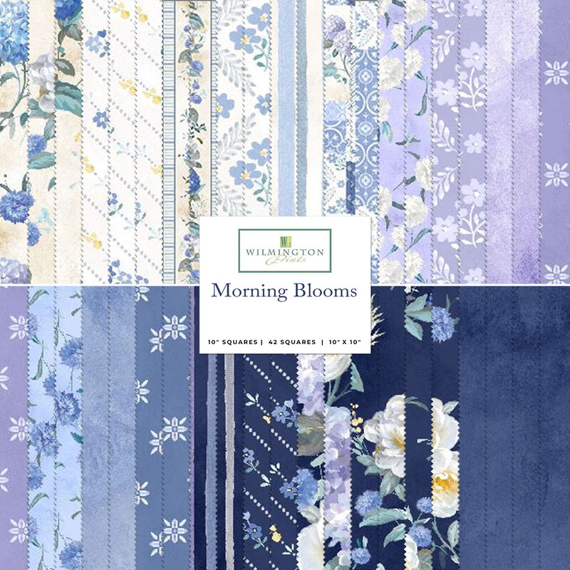A collage of blue, white, and purple fabrics in the Morning Blooms 10