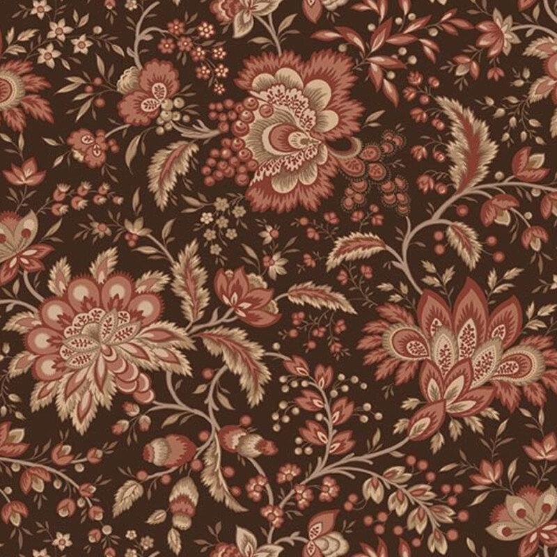 Chocolate brown fabric featuring vintage florals in soft pink and tan