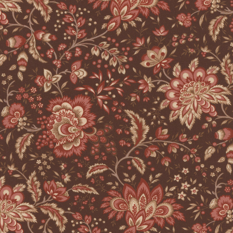 Chocolate brown fabric featuring vintage florals in soft pink and tan